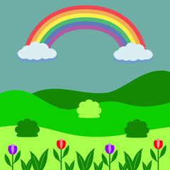 Obraz premium Vibrant rainbow over green hills with colorful flowers