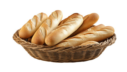 Golden Baguettes in Woven Basket Freshly baked, crusty baguettes spill from a rustic woven basket, their golden-brown exteriors hinting at a delicious, airy interior.