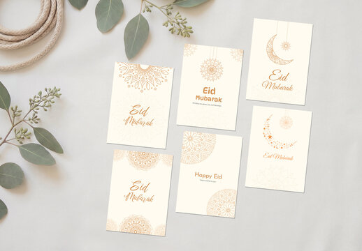 Eid Mubarak Greeting Card Template Set with Golden Mandala Ornament
