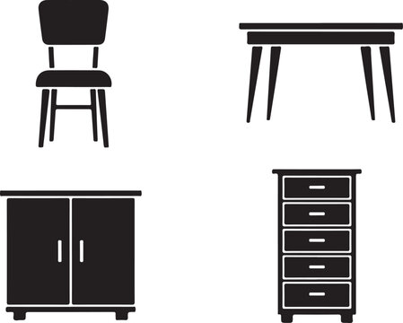 Black Silhouette Icons of Furniture on White Background chair table