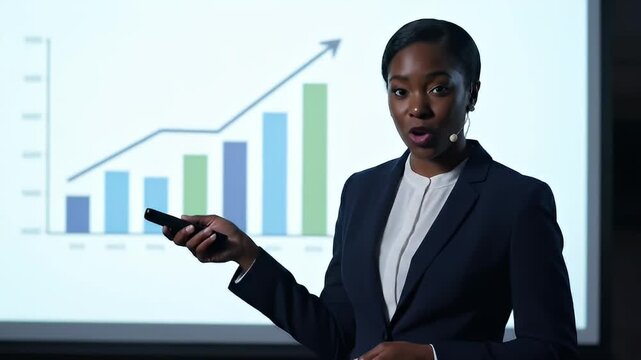 Businesswoman presenting a financial chart using a remote control