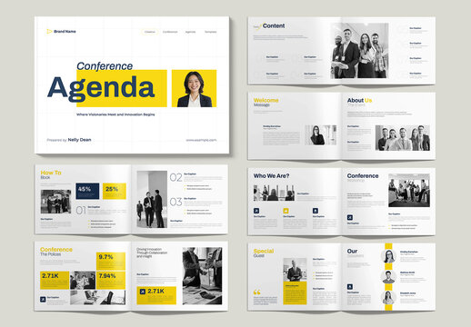 Modern Corporate Conference Event Agenda Brochure Template with Yellow Accents
