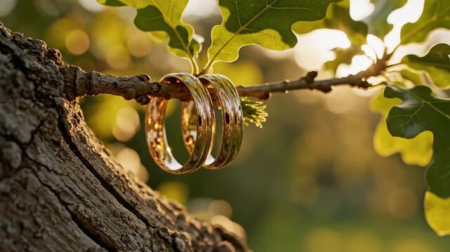 Rings placed on a tree branch in a sunny setting during a wedding ceremony in the park