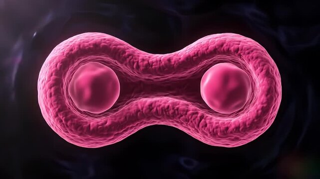 Cell Division Animation: Pink Single Cell Splits into Two Identical Daughter Cells on Black