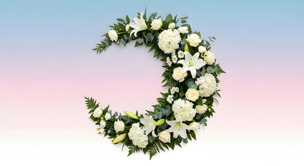 Beautiful crescent moon crafted from fresh white flowers and green leaves, set against a soft blue and pink gradient.