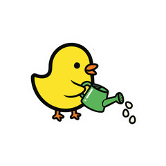 Obraz premium Bright yellow cartoon chick holding a green watering can, happily watering small white drops on a dark background.
