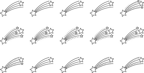 Set of shooting star doodle icons with comet trails isolated on white background, hand drawn outline vector collection for decoration, logo, and design © Aiub