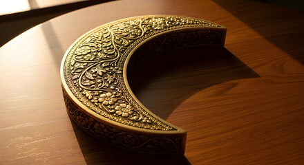 Detailed golden crescent moon sculpture with floral engravings, resting on a wooden surface