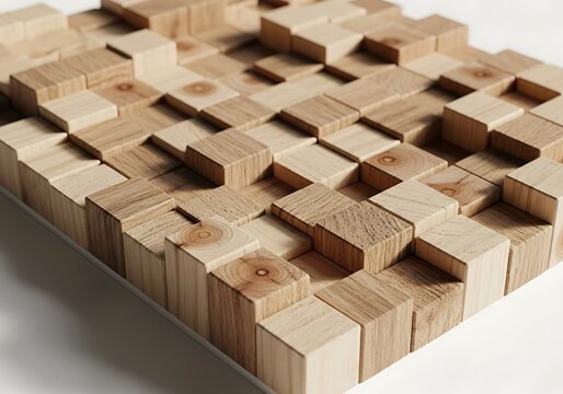 Intricate wooden blocks arranged in a complex, interlocking geometric pattern