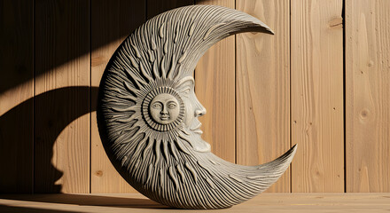 Stone sculpture of a crescent moon face with a sun's radiating rays, set against a weathered wooden wall.