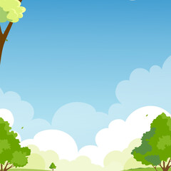 Serene landscape with fluffy clouds and lush green trees under blue sky