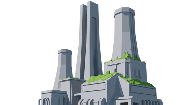 A stylized, low-poly rendering of a futuristic industrial plant with geometric shapes, rendered in gray and blue tones and partially covered in bright green vegetation.