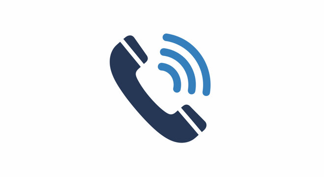 Minimalist telephone handset icon with signal waves, blue phone call symbol for customer support, flat vector illustration for contact us page