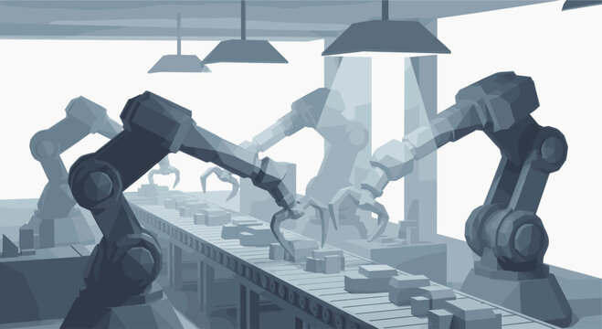 Low-poly illustration of robotic arms with grippers picking and placing blocks on a conveyor belt in an automated factory setting, conveying efficiency, industry, and technology.