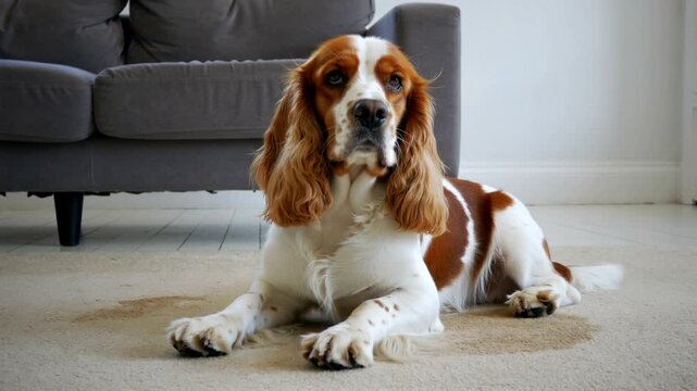 Dog lying on a wet spot on the carpet.