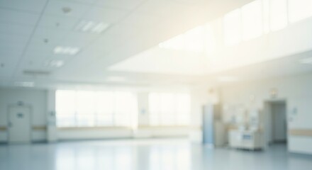 Bright and Airy Hospital Hallway with Sunlight Streaming Through Windows, Creating a Calm Ambiance