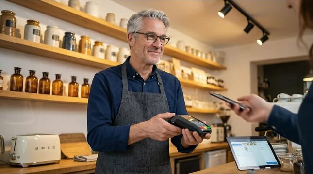 Smiling shop owner helps customer with contactless smartphone payment. Modern digital transaction in a small business cafe.