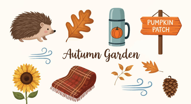 Charming autumn garden collection with hedgehog, sunflower, leaves, thermos, blanket, and pumpkin patch sign illustrations.