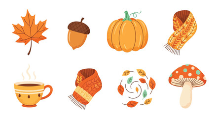 A collection of autumn-themed illustrations including a maple leaf, acorn, pumpkin, knitted scarves, a hot drink, swirling leaves, and a mushroom. © Terra