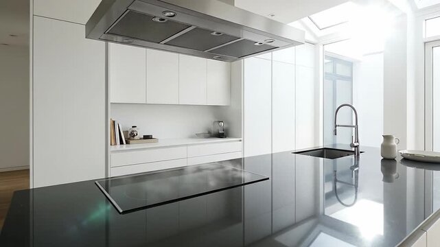 Modern Minimalist White Kitchen with Black Island and Stainless Steel Range Hood Featuring Skylights and Natural Light illuminating Sleek Cabinets