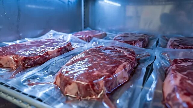 Prime Beef Steaks Vacuum Sealed and Refrigerated in a Professional Kitchen Display