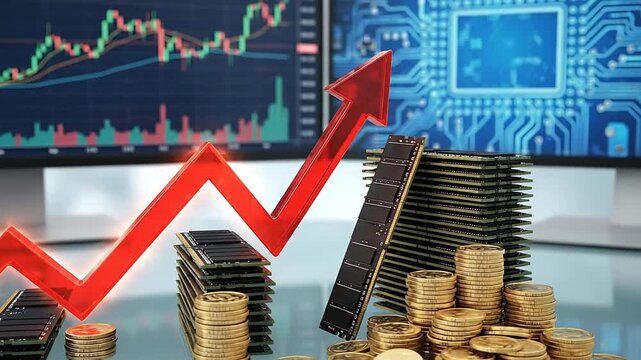 Red Arrow Graph Showing Financial Growth Over Stacked Gold Coins and Computer RAM Sticks with Stock Market Data and Circuit Board Background