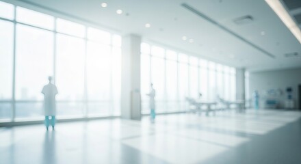 Obraz premium Modern Healthcare Lobby with Blurry Tranquil Hospital Interior and Bright Windows in Wide Angle