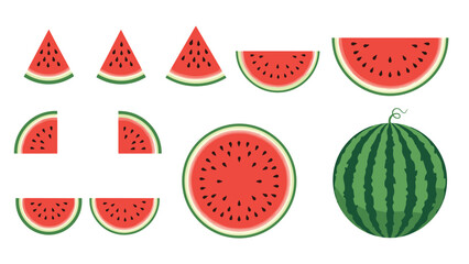 Large set of watermelon illustrations including whole fruit, half slices, quarters, and bite-sized triangles.