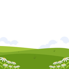 Serene green landscape with white daisies and fluffy clouds