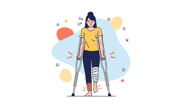 Injured woman using medical crutches to walk with a heavily bandaged leg and a pained expression on an abstract background.