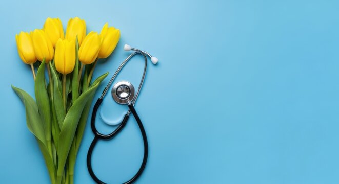 Easter medical concept with yellow tulips and stethoscope on blue background