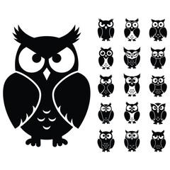 A large owl is displayed with smaller owl variations