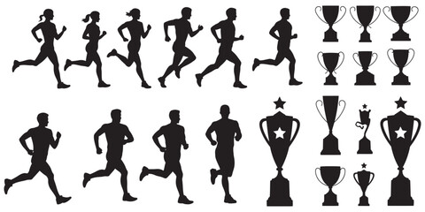 Fototapeta premium Silhouette sports and awards illustration set, diverse runners, trophies, medals, competition, fitness, athletic victory, exercise, marathon, success, vector design graphics