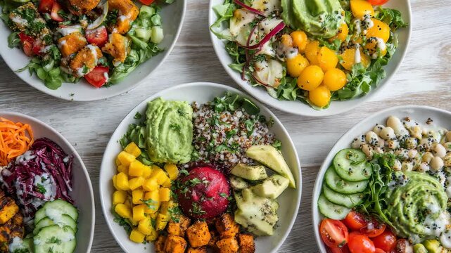 Colorful vegan Buddha bowls filled with fresh vegetables, grains, and plant based proteins arranged on a rustic wooden table. Healthy, vibrant, and trendy meal inspiration