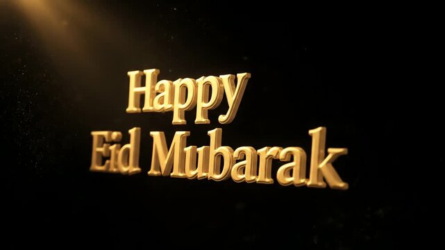 A radiant digital illustration celebrating Eid Mubarak with elegant golden 3D text on a dark background, conveying joy and blessings for the festive occasion and spiritual gathering