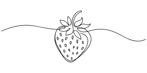 Strawberries continuous one line drawing minimalist style vector illustration, Strawberry in one line art style. Drawing of a ripe berry with leaves, made by a continuous line with editable black pro. © Gerish