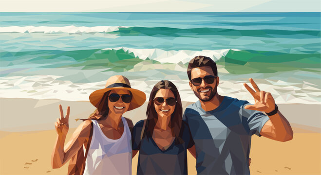 Three friends, two women and one man, smiling and posing at the beach on a sunny day while flashing peace signs in a polygon art style.