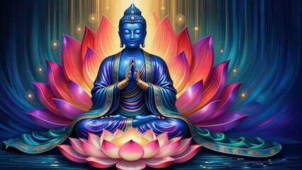 Fototapeta premium Blue Buddha sits in meditation surrounded by vibrant lotus flowers and glowing light.