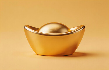 Golden Chinese Ingot on Solid Color Background