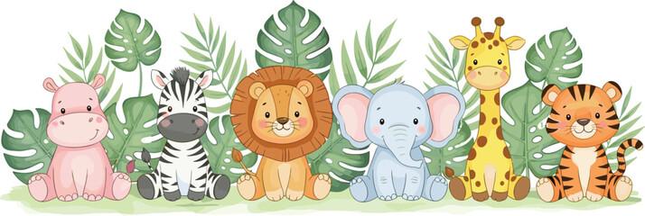 Obraz premium Cute Safari Jungle Animals Sitting with Tropical Leaves Vector Illustration