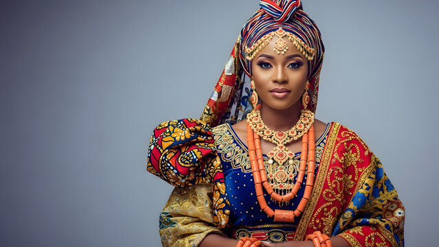 Beautiful African Bride in Vibrant Traditional Nigerian Wedding Attire with Colorful G&eacute;l&eacute; Headwrap and Layered Coral Bead Statement Jewelry