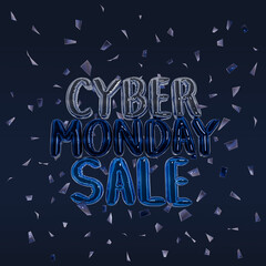 Fototapeta premium Cyber Monday Sale 3D Blue Metallic Balloon Text on Navy Confetti Background