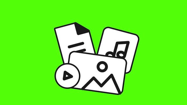 Digital Media Showcase: A collection of multimedia icons, including a document, music note, photograph, and video player symbol, displayed against a vibrant green backdrop.