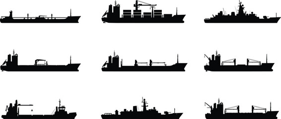 Cargo and military ship silhouette collection featuring container vessel tanker freighter destroyer crane ship black vector isolated maritime transport set © Hello World