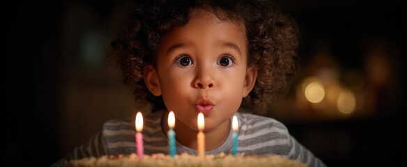 Fototapeta premium The child joyfully blows out candles filled with hope and excitement for wishes.