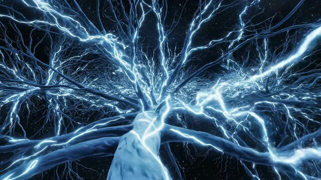 Powerful digital connection flows through abstract neural roots. Bright blue lightning pulses across the dark space for science and technology concepts.