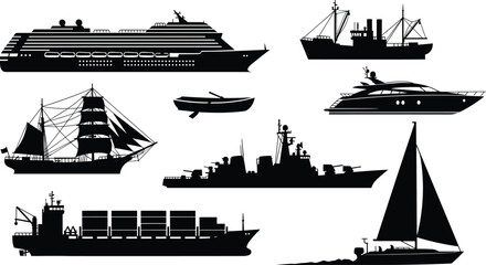 Collection of ship and boat silhouettes including cruise liner cargo vessel yacht sailboat warship and vintage tall ship black vector isolated © Hello World