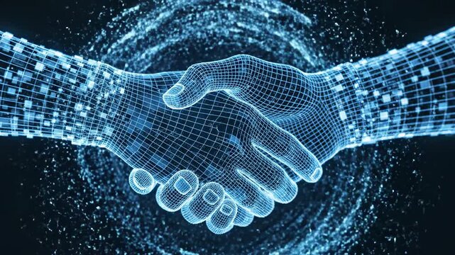 Digital partnership agreement visualized by two glowing blue wireframe hands connecting, ideal for finance, AI, and global technology concepts.