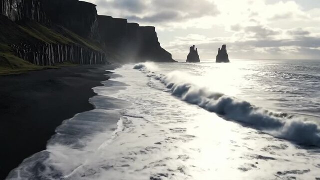 Waves wash over black sand beach as cliffs tower and sea stacks rise in Iceland's coastal landscape during sunrise