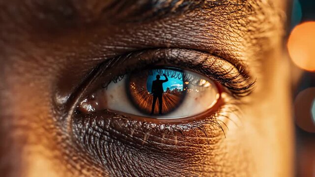 Deep Insight. Extreme macro of a dark eye reflecting a silhouetted man and city lights. Perfect for themes of foresight and business strategy.
